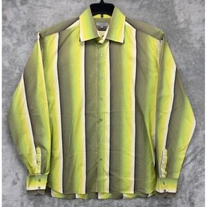 Ted Baker Men's Shirt 7 Green Striped Cotton Blend Stretch Long Sleeve Button-Up